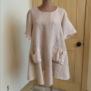 100% LINEN Made in Italy Contemporary Artsy Boho Asymmetrical Lt Tan Tunic L/XL